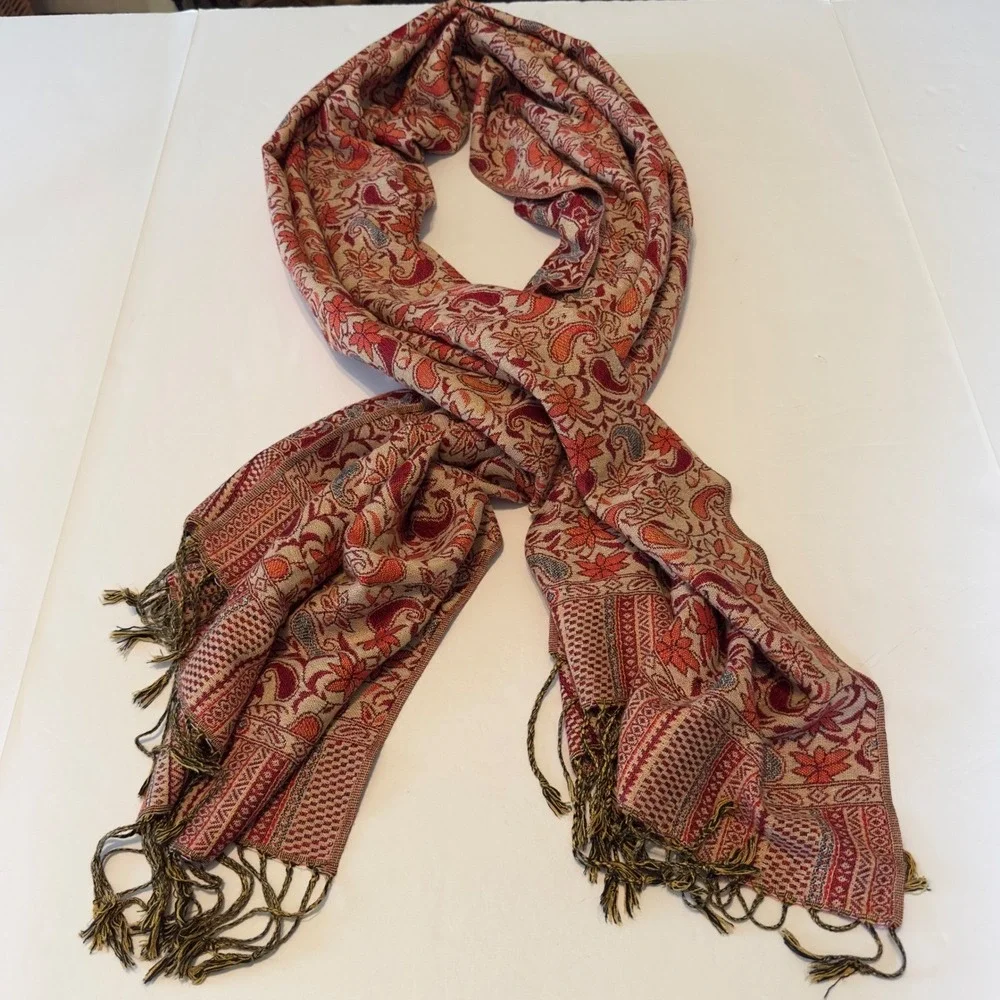Pashmina Silk Blend Paisley Floral Scarf Wrap Red Orange Fringed Tassel 76x27